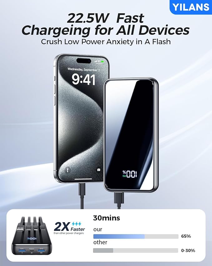 Portable Charger,50000mAh Power Bank Built-in Cable, 22.5W USB C In & Out Fast Charging, External Battery Pack with 6 Output & 2 Input, Travel Phone Charger for iPhone 17/16/15/14/13/12, Android