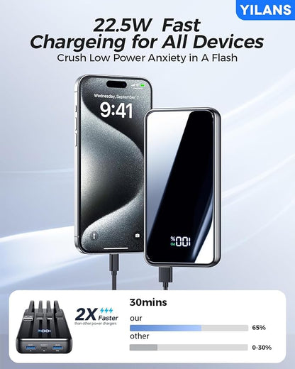 Portable Charger,50000mAh Power Bank Built-in Cable, 22.5W USB C In & Out Fast Charging, External Battery Pack with 6 Output & 2 Input, Travel Phone Charger for iPhone 17/16/15/14/13/12, Android