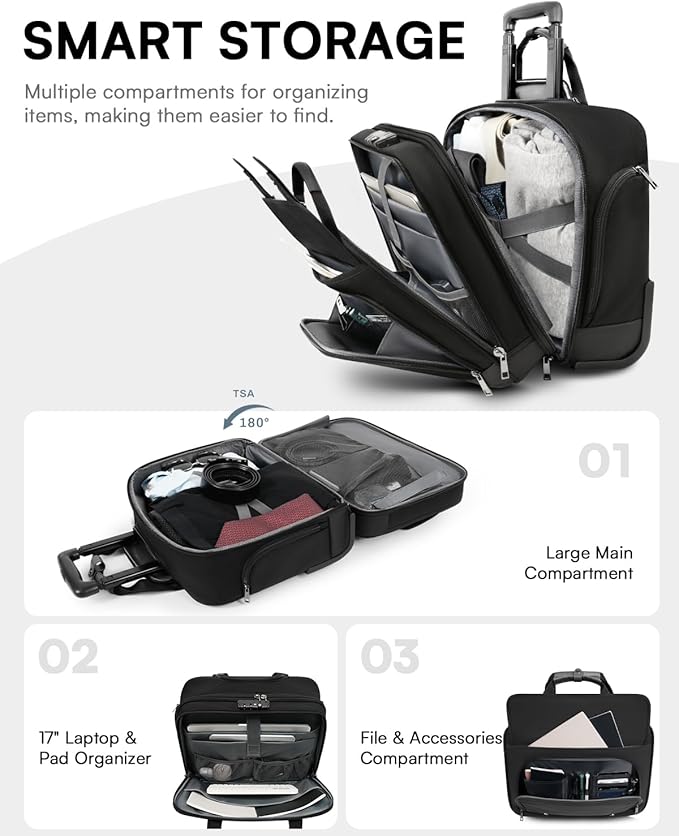 Rolling Laptop Bag, Briefcase for Men and Women, 17 Inch Computer Bag with Wheels Underseat Carry on Luggage, Laptop Briefcase Case for Work, Travel, College Teacher, Mobile Office Bag, Black