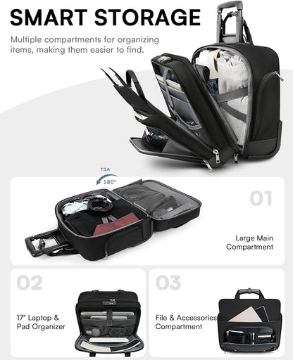 Rolling Laptop Bag, Briefcase for Men and Women, 17 Inch Computer Bag with Wheels Underseat Carry on Luggage, Laptop Briefcase Case for Work, Travel, College Teacher, Mobile Office Bag, Black