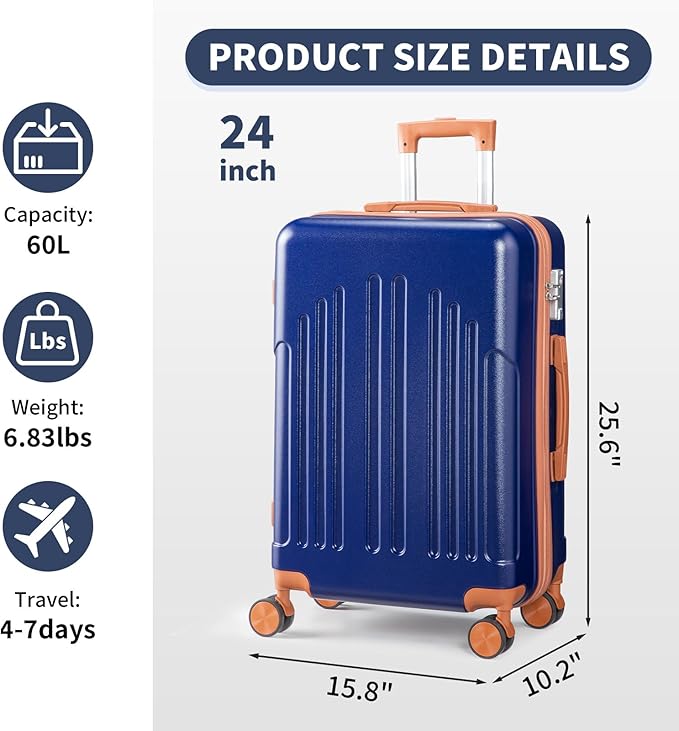 Karl home 24in Checked Luggage with TSA Lock, ABS Hardshell Check-in Suitcase with Spinner Wheels, Durable Medium Suitcase Rolling Luggage for Business Travel, Navy Blue & Brown