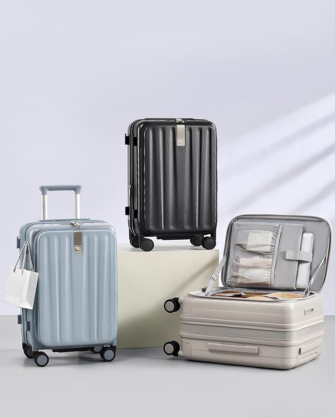 Hanke 20 Inch Expandable Carry On Luggage Airline Approved Top Opening Hard Shell Suitcases with Wheels Lightweight Travel Luggage Carry On Suitcase for Woman Men-Jet Black