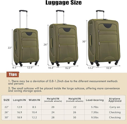 Merax Softside Luggage Set, Travel Suitcase Expandable Lightweight, 3 Piece Luggage Sets with Spinner Wheels 22" 26" 30" Suitcase with TSA Lock (Army Green)
