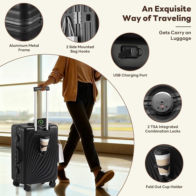 3-Piece Hardside Luggage Sets Aluminum Frame, 20+24+28 Inch Suitcases with USB Charging Port, Foldable Cup Holder, TSA Locks & Spinner Wheels for Travel, Black