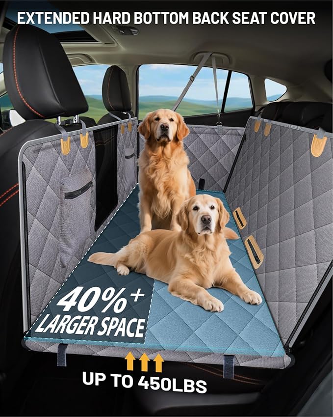 Dog Car Seat Cover for Back Seat, Waterproof Dog Seat Cover for Back Seat, Hard Bottom Back Seat Pet Cover for Dogs, Large-Space Hammock for Car Truck SUV, Pet Seat Cover Holds 450lbs(Grey)