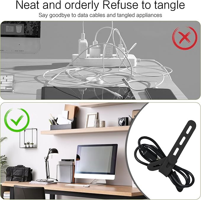 Donruby 24Pcs Silicone Cable Ties - Reusable & Washable with Locking Buckle Design, Adjustable Fastening Cable Straps, Multi-Purpose High Elasticity Cord Organizer (Black)