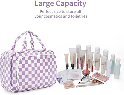 Narwey Travel Toiletry Bag for Women Large Hanging Makeup Bag Organizer Toiletries Bag for Full Size Essentials Accessories Cosmetics (Purple Checkerboard (Large))
