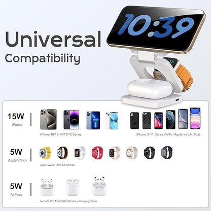 Wireless Charger for iPhone, KU XIU 3 in 1 Travel Charging Station for iPhone 17/16/15/14/13/12 Series, 5W Foldable Charger for Apple Watch10/9/8/7/6/5/4/3/SE, for Airpods 4/3/2/Pro