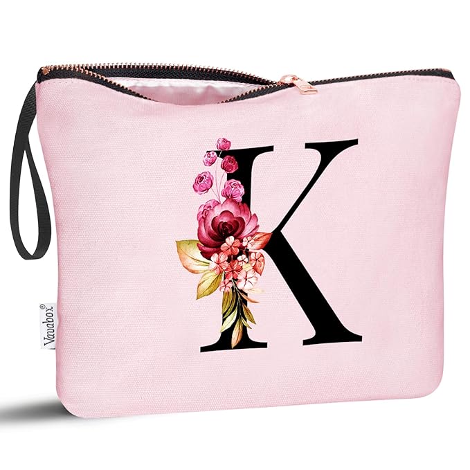 Vavabox A-Z Personalized Makeup Bag, Birthday Gifts for Women Mom, Gifts for Best Friend, Bride Bridesmaid Cosmetic bag (K, Pink)