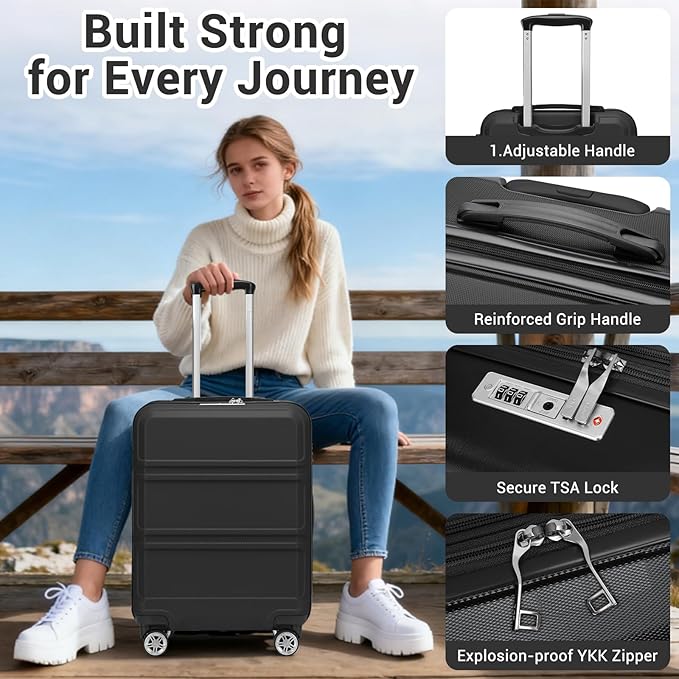 Kono Carry On Luggage 22x14x9 Airline Approved with Spinner Wheels,Lightweight PC+ABS 20 Inch Luggage with TSA Lock,Expandable Hard Shell Carry On Suitcases for Men Women,Black
