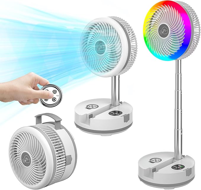 Creiv Pedestal Standing Fan, Rechargeable Oscillating with Remote/Timer, Portable RGB Lighting Fan, Floor Fan for Bedroom Party Camping (40000mAh)