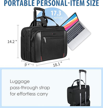 EMPSIGN Rolling Briefcase Laptop Bag,17.3" Computer bag with wheels, Water Repellent Travel Roller Underseat Bag with RFID Blocking Pocket,Rolling Work Bags for women/men -Black