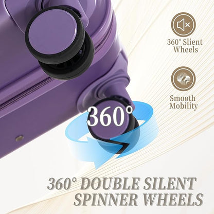 Campfun 3 Piece Luggage Sets, ABS Suitcase Set with Double Spinner Wheels Hang Hook, Durable Carry On Luggage with Combination Lock, 20/24/28 inch, Purple