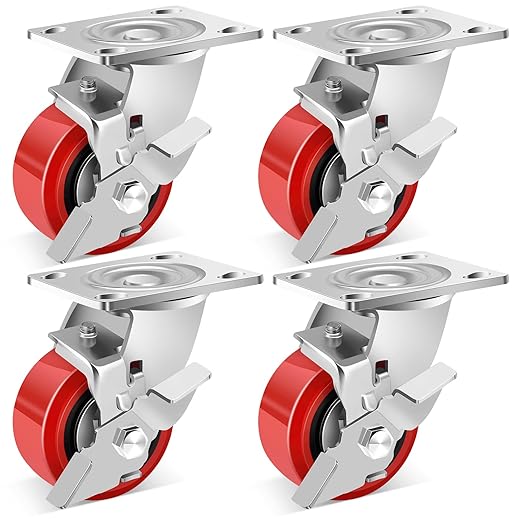 Nefish 4 Inch Heavy Duty Casters Wheels, Industrial Grade Polyurethane Casters Set of 4 with Dual Ball Bearing, Solid Polyurethane Wheel 2500 Lb, Plate Swivel Casters for Cart, Industrial, Machine
