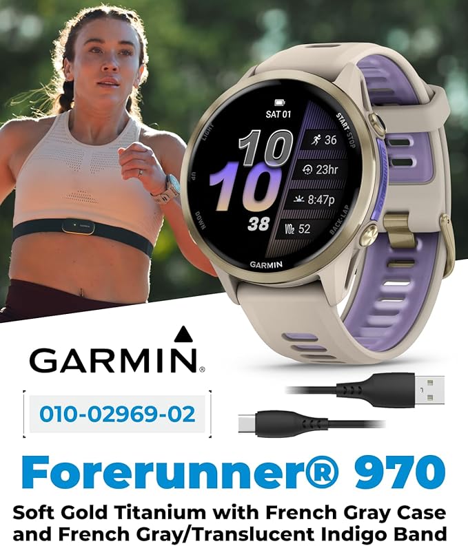 Wearable4U Garmin Forerunner 970 Soft Gold Titanium Smartwatch with French Gray Case and French Gray/Translucent Indigo Band, AMOLED Display with Garmin HRM 600 S Power Bank Bundle