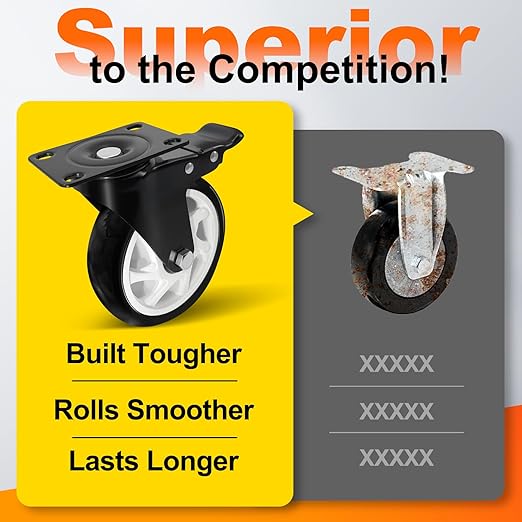 5 Inch Heavy Duty Caster Set of 4, Swivel Plate Castor Wheels with Dual Locking Brakes, Silent Polyurethane (PU) Wheels, 360 Rotation, 2800lbs Load Capacity-Black