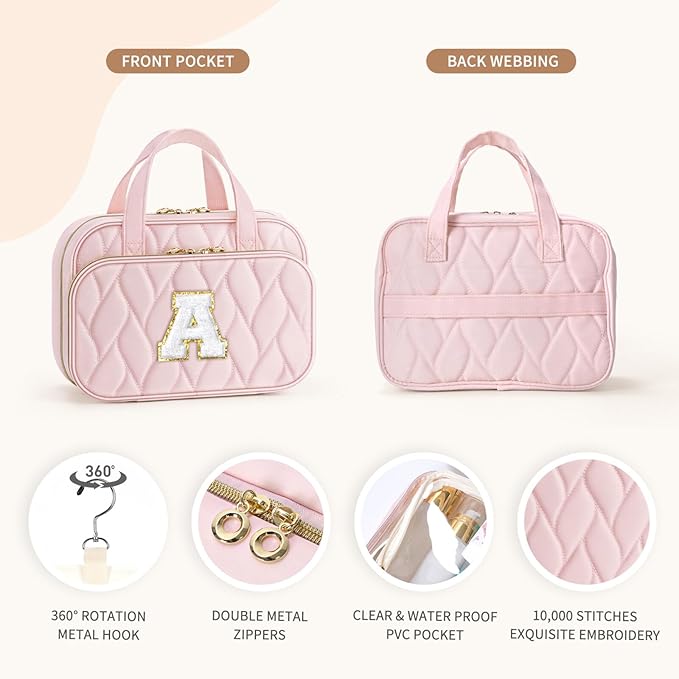 YOOLIFE Hanging Toiletry Bag - Large Capacity Personalized Travel Toiletry Bag for Women, Cruise Ship Essentials - Letter S, Pink