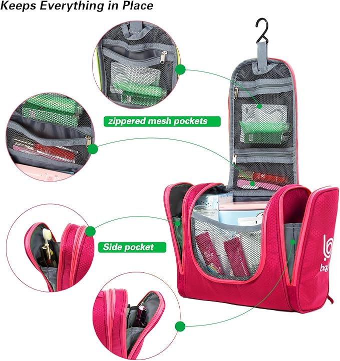 Bago Travel Toiletry Bag for Women and Men X-Large Waterproof Hanging Large Toiletry Bag for Bathroom and Travel Bag for Toiletries Organizer -Travel Makeup Bag (Pink)
