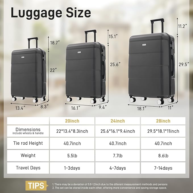 Merax Luggage Sets 3 Piece, Suitcases with Spinner Wheels, Lightweight Travel Luggage with Lock, ABS Hardshell Suitcase Set 20/24/28 IN,Charcoal