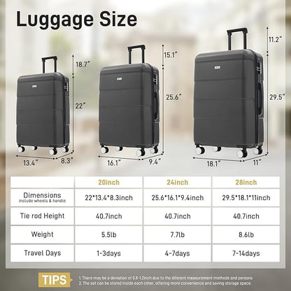 Merax Luggage Sets 3 Piece, Suitcases with Spinner Wheels, Lightweight Travel Luggage with Lock, ABS Hardshell Suitcase Set 20/24/28 IN,Charcoal