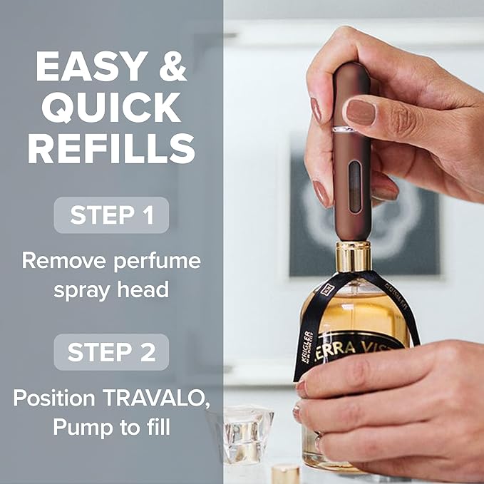 Travalo Classic HD Perfume Atomizer - Leak-Proof and TSA Approved for Air Travel - Reusable, Airtight, Easy-Fill Mini Pump Sprayer - Lightweight, Elegant Design w/Volume Window - Brown 0.17oz