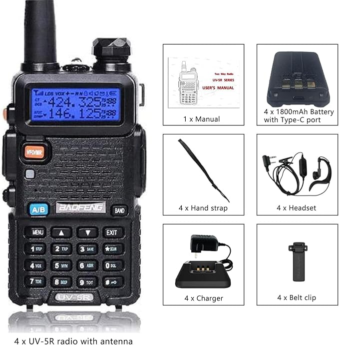 Baofeng UV-5R Dual Band Two Way Radio with 1800mAh Type-C Charge Pack of 4 for Hiking Camping Skiing Trip (Black)