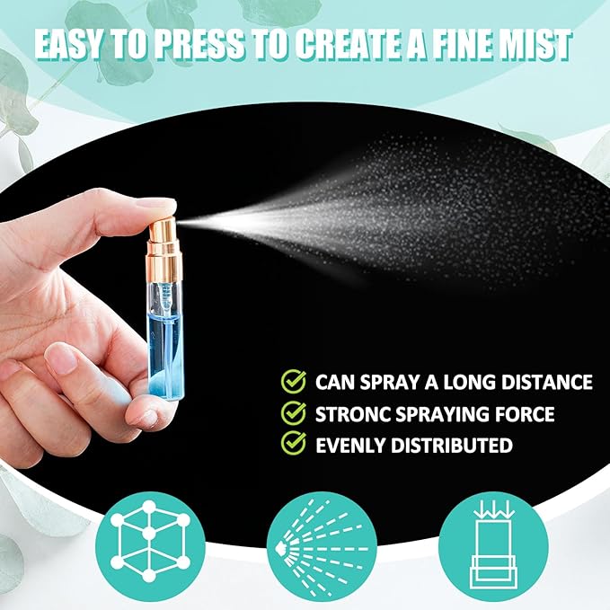 Zhehao 75 Pcs Mini Spray Bottles 5 ml Clear Glass Perfume Bottles Refillable Fine Mist Perfume Atomizer Portable Empty Sample Containers for Cleaning, Essential Oils, Travel (Gold Cap)