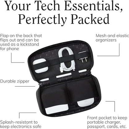 Halfday Sidekick Tech Organizer Kit | Flip-Out Kickstand for Phone/Tablet, Zip-Flat Pouch with Power Mesh & Elastic for Cable & Charger (Splash-Resistant Travel Electronics Accessories Case), Marine
