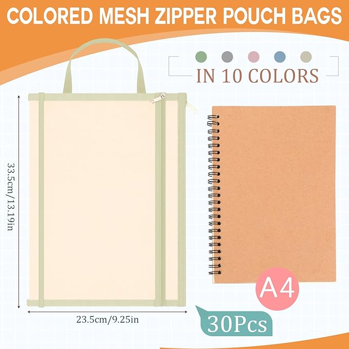 Marspark 30 Pack Classic Color Mesh Zipper Pouch Bags A4 Nylon Organizing Bags Breathable See Through Zipper Pouch with Handle for Office Games