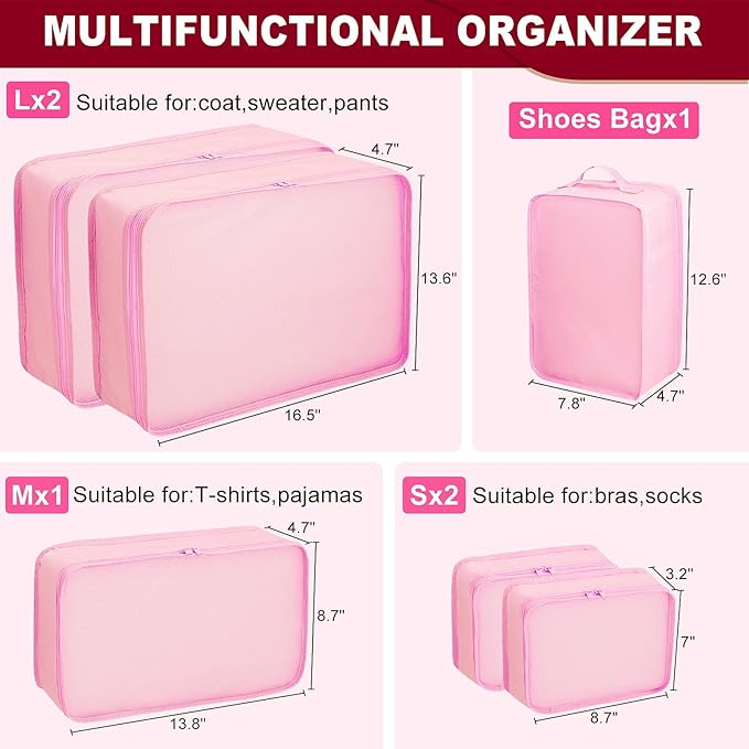 Packing cubes for Travel, CALACH Luggage Organizer Bags 6 Set Packing Cubes for Suitcases Travel Essentials for Carry on Mesh Suitcase Organizer with Shoe Bag (pink)
