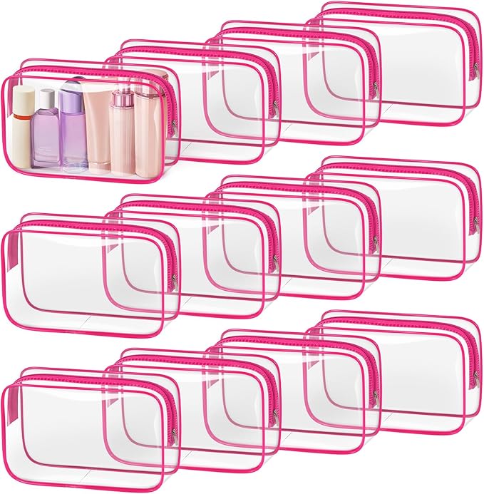 TISRATOK 12 PCS Clear Makeup Bag for Women with Zipper, TSA Approved Toiletry Pouch, Cosmetic Bag Bulk for Travel Organizer Essentials - Rose Red, Medium