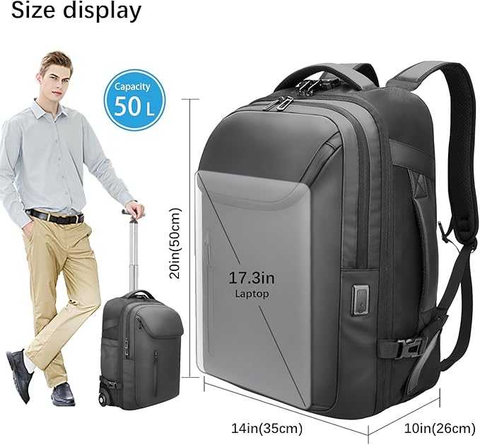 Large Rolling Backpack for Women&Men, 50L Work Backpack with Wheels,17 inch Laptop Backpack with USB Port,TSA Lock Carry On for Business, Travel, College, Teacher