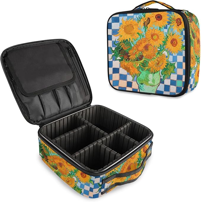 MNSRUU Travel Makeup Bag, Sunflower Blue and White Plaid Women Makeup Case Organizer Cosmetic Toiletry Bag for Teenage Girl with Adjustable Dividers