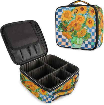 MNSRUU Travel Makeup Bag, Sunflower Blue and White Plaid Women Makeup Case Organizer Cosmetic Toiletry Bag for Teenage Girl with Adjustable Dividers
