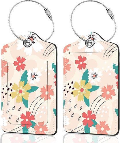 2Pack Luggage Tags for Suitcases, Cute Unique Pu Leather Cruise Luggage Tag with Privacy Cover ID Label Address Card and Metal Ring Suitable for Women Men Kids Travel Bag Pink Green Crushed Flower