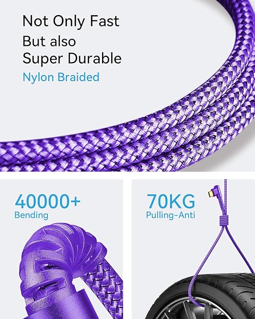 MRGLAS USB A to USB C Cable 3.2A 2-Pack [90°, Gold-Plated] 6.6+6.6FT Type C Charger Right Angle Nylon Braided Fast Charge Cable for iPhone 16 15 Galaxy S10 S9 Plus S21 Note 10 LG - Purple