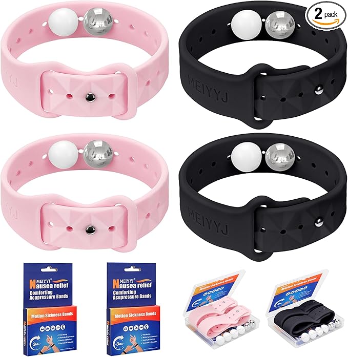 Motion Sickness Bands for Adults and Kids Sea Wristbands for Cruise Travel Wristband, Natural Relief Wristbands，Sea Bands for Pregnancy Women (1Pair Black+1Pair Pink)