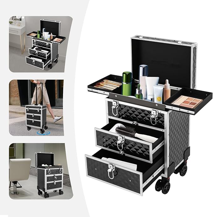 Aluminum Rolling Makeup Train Case, Portable Lockable Makeup Organizer Suitcase, Stylist Cosmetic Luggage Travel Trolley w/4 Removable Wheels & 2 Sliding Drawers