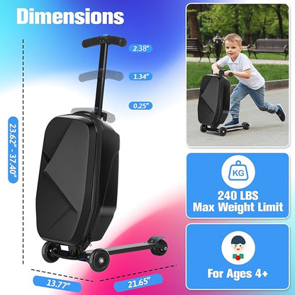smilesun Scooter Luggage For Kids & Adults， Hardside Ride On Suitcase For Kids Ages 4-15 Multifunctional Lightweight Foldable Carry On Luggage With Wheels Ride On For Children Teenagers（Coal Black）