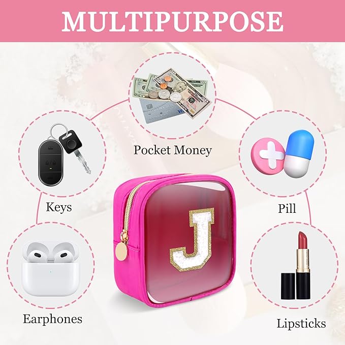 Mini Clear Personalized Initial Makeup Bag,Nylon Preppy A-Z Chenille Letter Patch Zipper Cosmetic Bag, Small Cute Beach Pouch Travel Purse Sanitary Napkin Storage Bag for Women Girls(Hot Pink-White J)