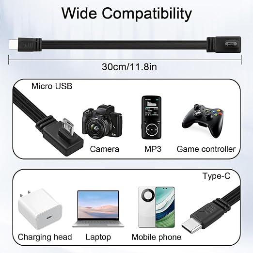 Flexible USB Type-C to Micro USB Cable,90 Degree Micro 5pin to USB C Flat Data Cable,Type C-to-Micro Short Flat Cable Supporting Charging& DataTransfer,for Phone,Camera,Laptop-30CM(Left)
