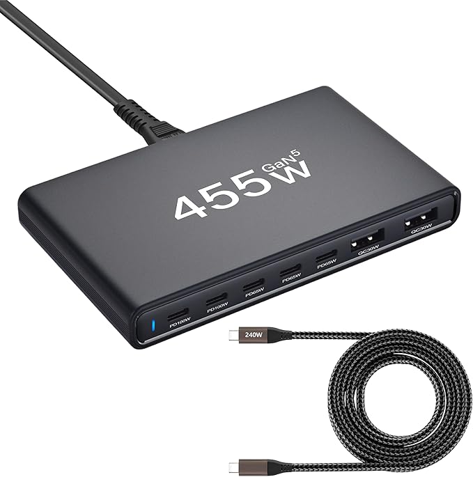 455W GaN5 7-Port Slim Design Charging Station + 240W 6.6 ft Data Cable, Compatible with Phones, Tablets, Laptops, Smart Wearables, and Gaming Devices