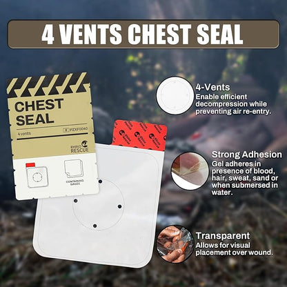 RHINO RESCUE Vented Chest Seal, 4 Vents, Sterile Emergency Trauma Dressing, Occlusive Adhesive Pad, IFAK Trauma Refill Medical First Aid Supplies for Wound Care, Gunshot Wound, Sucking Chest(6 Count)