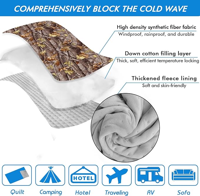 Outdoor Camping Quilt, Warm Thick Blanket with Polar Fleece Packable Down Wearable Camp Blankets with Snap Buttons Soft Puffy Camping Quilt for Cold Weather (Camouflage, 76'' x 56'')