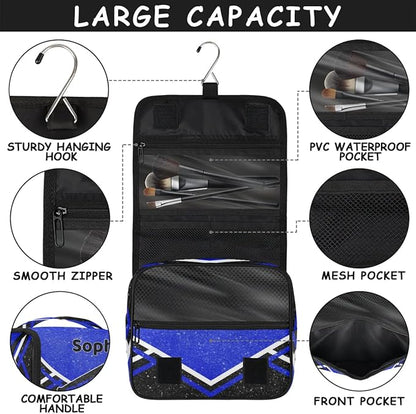 Personalized Travel Cheerleading Toiletry Hanging Bag Waterproof Bags, Custom Name Cosmetic Makeup bag Toiletries Organizer Container Bag, Royal Blue Black Glitters Effect