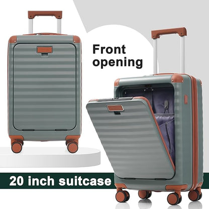 Merax Luggage Sets Front Opening, 3 Piece Hardshell Suitcase with Spinner Wheels and Bags,Lightweight Carry on Luggage with USB Port and Cup Holder,20+24+28,Grey Green
