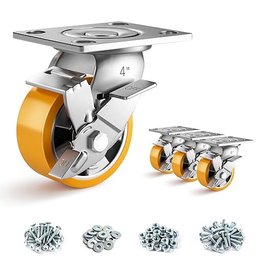 4 Inch Heavy Duty Casters Set of 4, Industrial Locking Casters 4000lbs Load Capacity, Plate Swivel Castor Wheels for Heavy Duty Carts, Workbench, Equipment, Platform Truck (Orange)