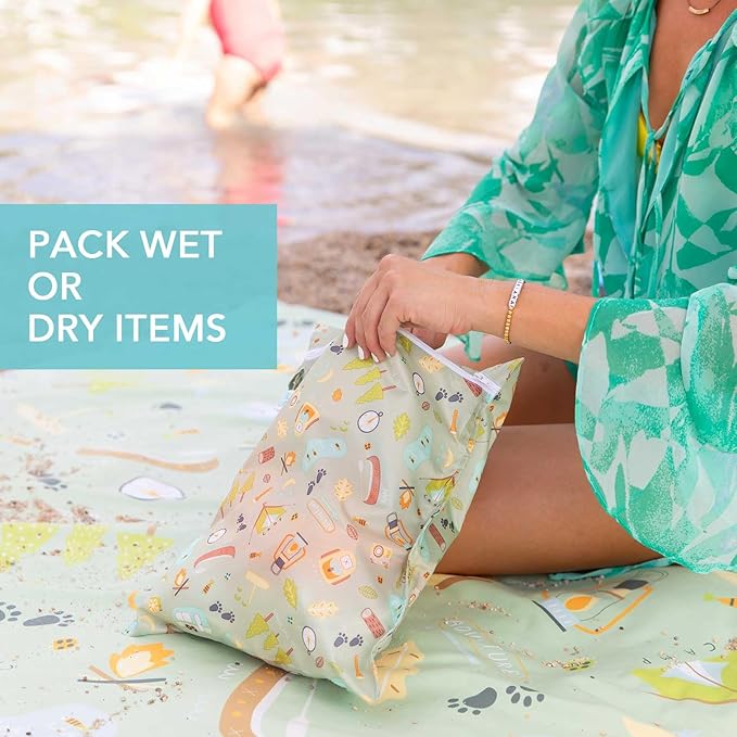 Bumkins - Waterproof Wet and Wetdry Bags - For Beach, Baby, Travel, Swim Suit, Cloth Diapers, Pump Parts, Pool, Gym, Toiletries - Reusable & Easy to Clean - Camp Gear Green - 2 Pack