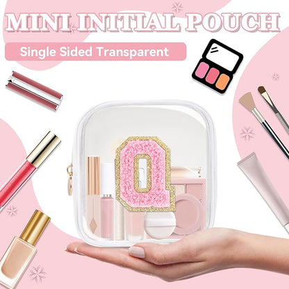 Mini Clear Personalized Initial Makeup Bag,Small Nylon Waterproof Zip Beach Cosmetic Pouch,Preppy A-Z Chenille Letter Patch Cute Coin Purse Travel Toiletry Bag Car Pack Bag for Women(White-Pink Q)