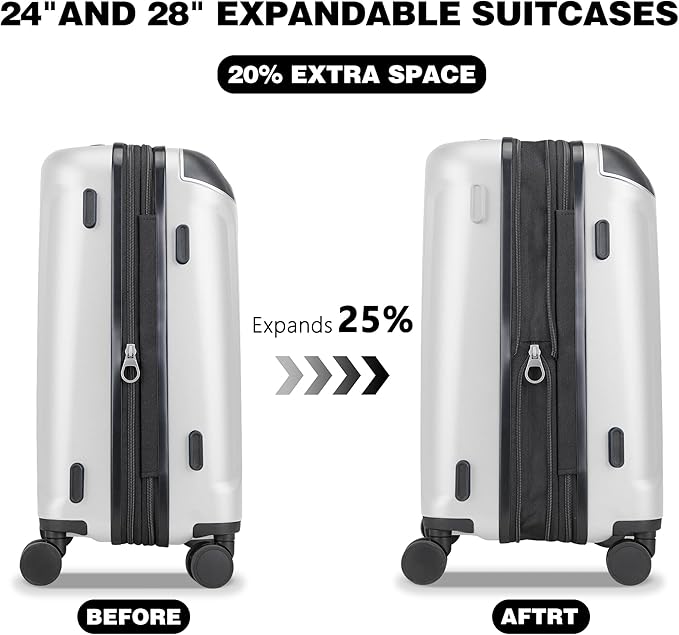 Luggage Sets 3 Piece with Cup Holder & USB Port, Expandable PC Hardside Durable Suitcases with Spinner Wheels & TSA Lock, 20/24/28 Inch, White
